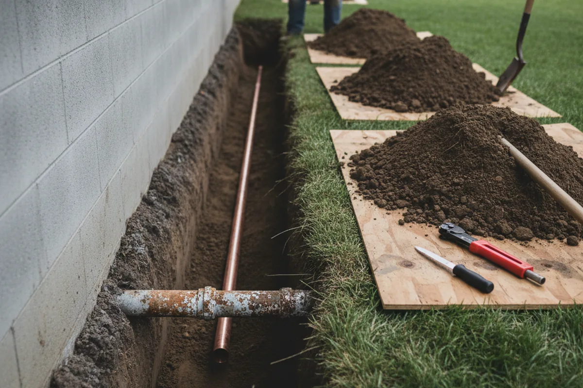 Excavated water line trench during Water Softener Installation in Clemson